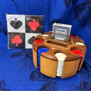 True Vintage 70s Wood Lazy Susan Poker Set With Chips & Hurrah’s Casino Cards